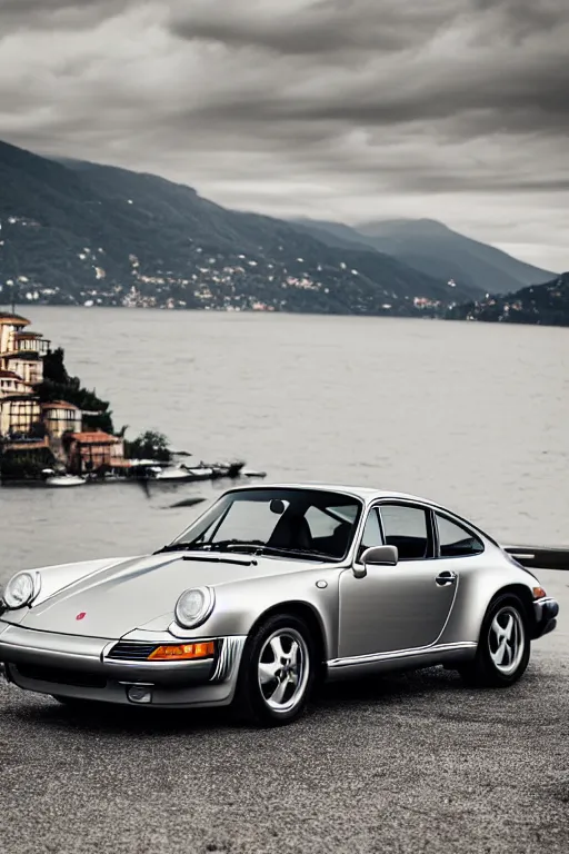 Prompt: Photo of a silver Porsche 911 Carrera 3.2 parked on a dock with Lake Como in the background, daylight, dramatic lighting, award winning, highly detailed, 1980s, luxury lifestyle, fine art print, best selling.