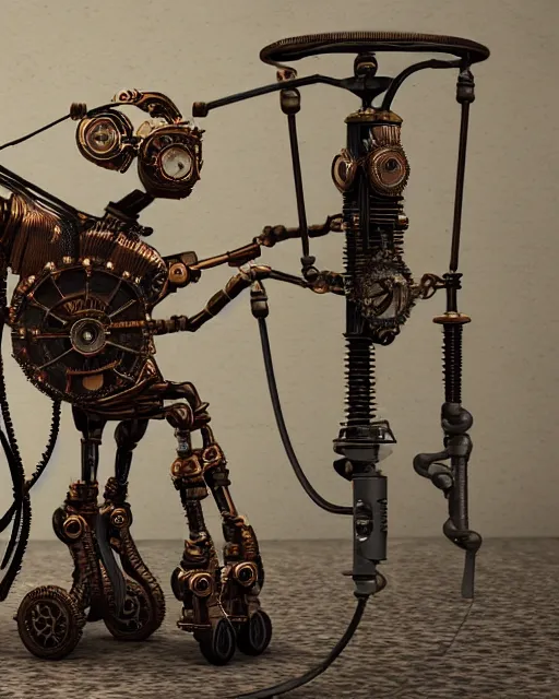 Prompt: highly detailed victorian steampunk robot made of old electrical black and copper wiring, transistors, diodes, glass tubes, transistor parts, walking a dog on a leash in London, ornate, intricate design, hyperrealistic, 8k resolution, 3d render by billelis