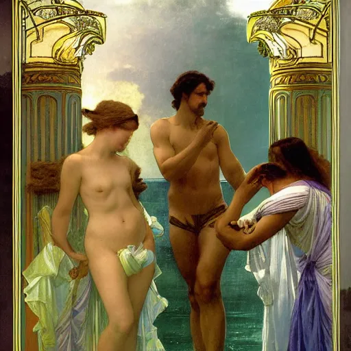 Prompt: The party at the palace, refracted sparkles, thunderstorm, greek pool, beach and Tropical vegetation on the background major arcana sky, by paul delaroche, alphonse mucha and arnold böcklin, hyperrealistic 8k, award-winning, very very very detailed