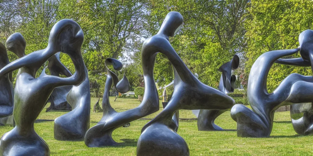 Prompt: good morning! in the style of henry moore, bronze sculptures in an open air sculpture garden, 4 k resolution