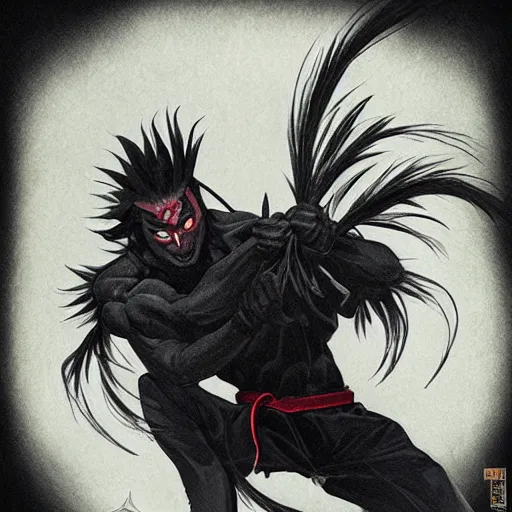 Prompt: mazoku martial artist, handsome japanese demon boy, young adult yokai with long spiky black hair, vantablack gi, muscular, red eyes, ultra realistic, intricate details, highly detailed, subsurface scattering, photorealistic, octane render, 8 k, art by artgerm, greg rutkowski, magali villeneuve, alphonse mucha