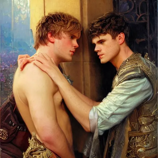 Image similar to attractive male, arthur pendragon who has blond hair confesses his love to attractive male, merlin who has dark hair. highly detailed painting by gaston bussiere, craig mullins, j. c. leyendecker 8 k