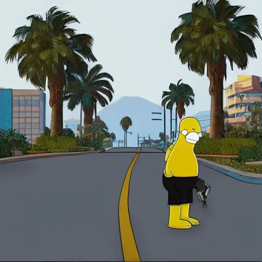 Image similar to Homer Simpson in GTA V. Los Santos in the background, palm trees. In the art style of Stephen Bliss