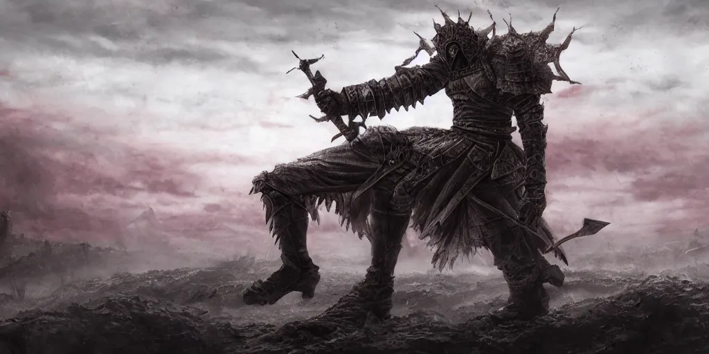 Prompt: lone king clutching sword as he kneels in a decrepit grey battlefield underneath a crimson sky, by Kentaro Miura, hyperdetailed, artstation, cgsociety n-3