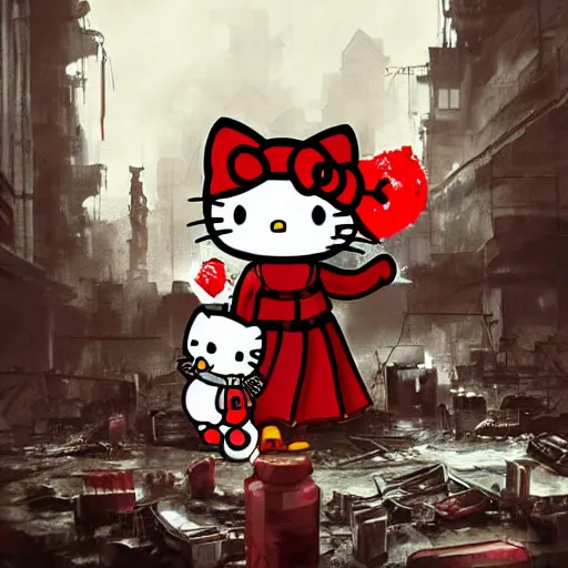 Image similar to hello kitty drenched in blood in a post - apocalyptic dystopian destroyed cityscape, digital art, artstation, high resolution