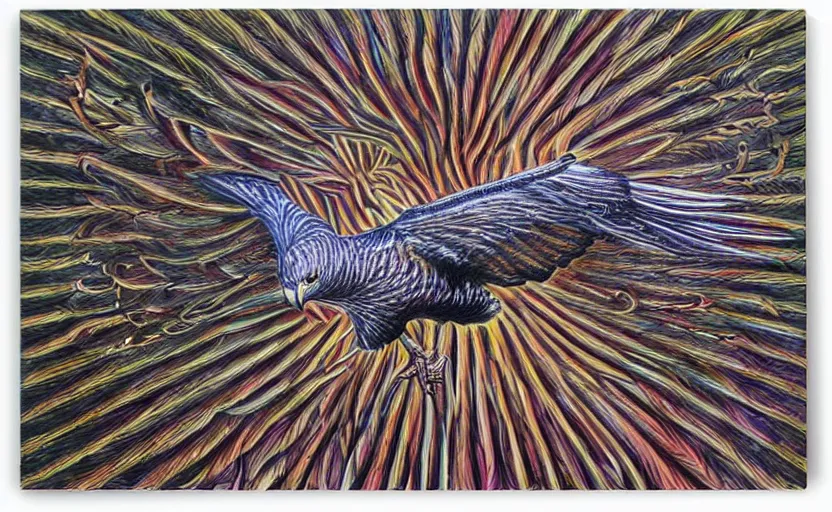 Prompt: a Photorealistic dramatic hyperrealistic hawk bird by Alex Grey