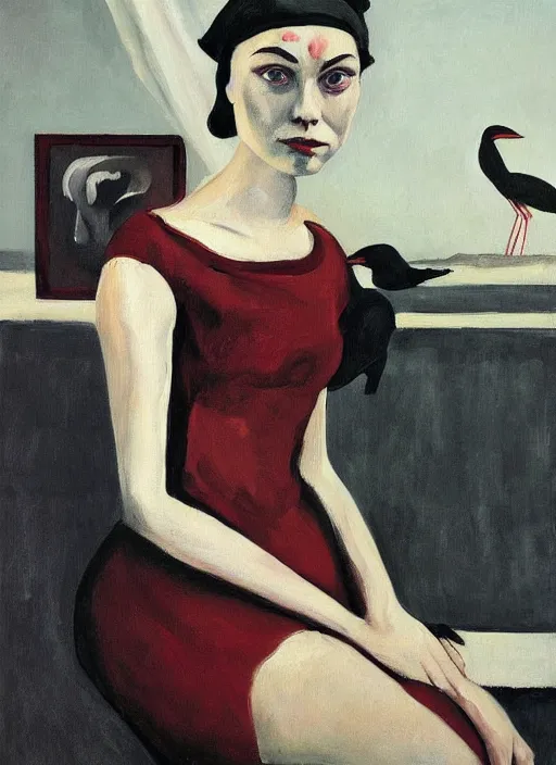 Prompt: a painting of AnnaSophia Robb, frozen cold stare, blood red background, transparent gray dress, crows as a symbol of death, in style of Edward Hopper, John Singer Sargant, Chaim Soutine, surrealism of Francis Bacon, American Gothic, 8k, ultradetailed