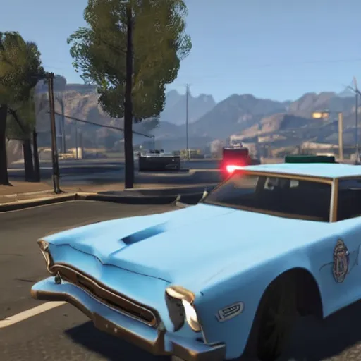 Image similar to GTA V arnold schwarzenegger screenshot stealing a cop car