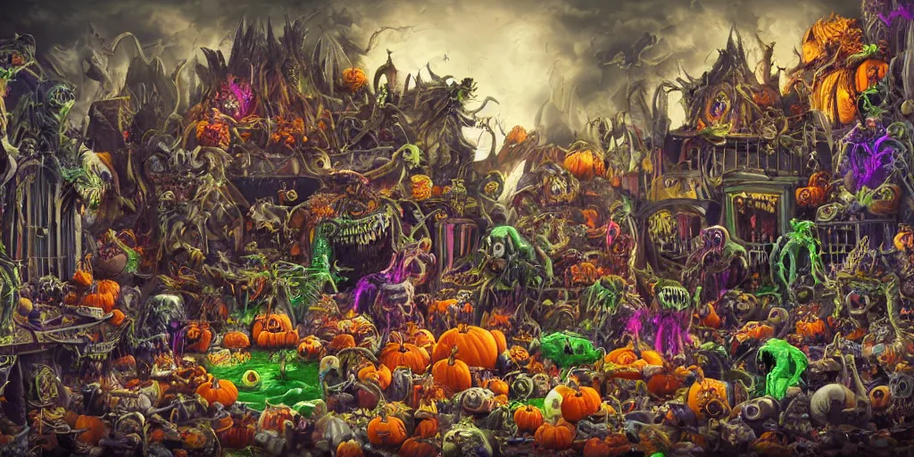 Prompt: ultra wide view of the most awesome monster party with a rube goldberg door trap, devils, demon, multiverse, ghosts, witches, pumpkins, vampires, mummies, monsters, dripping, hyper-realistic, bright and colorful, octane render, 8k, extremely detailed, iridescent, photorealistic, minute details, horror, grotesque, macabre, moody, broken, gritty, zbrush art, extreme details, cinematic