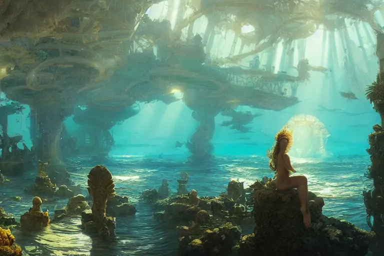 Image similar to a scenic landscaping view of the lost and abandoned city of Atlantic under water, ray of sunlight, mermaids in distance, Greg Rutkowski, Moebius, Mohrbacher, Mucha, blue and gold color scheme, ultra wide angle, ultra detailed, light effect