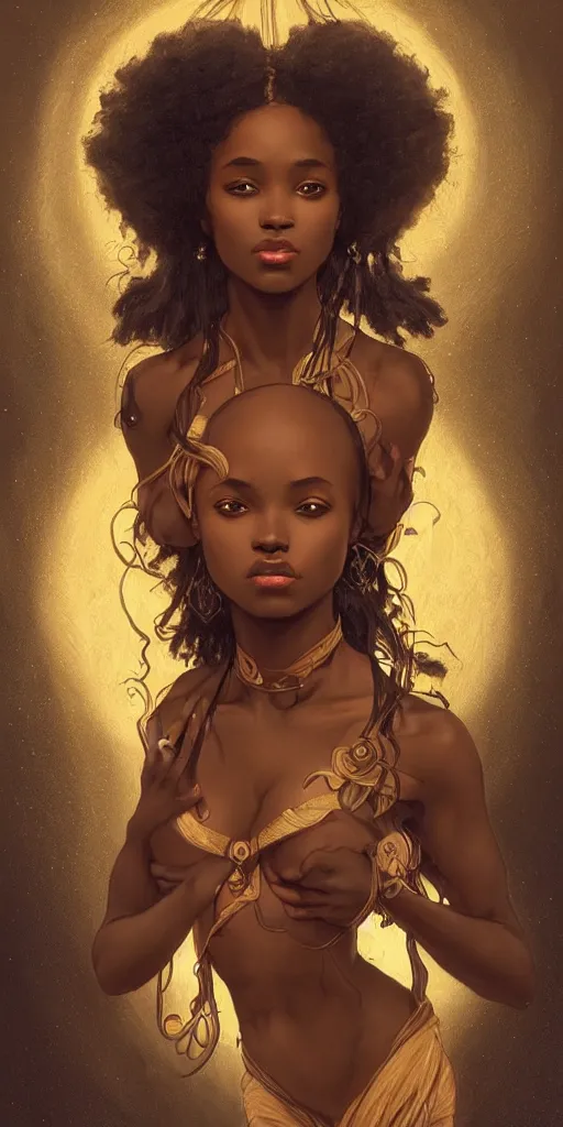 Prompt: black african princess, warm volumetric lighting, cosmic, symmetric, highly detailed, concept art, heavenly, intricate, sharp focus on the body, illustration, alexandros pyromallis, bouguereau, rutkowski, artgerm, alphonse mucha