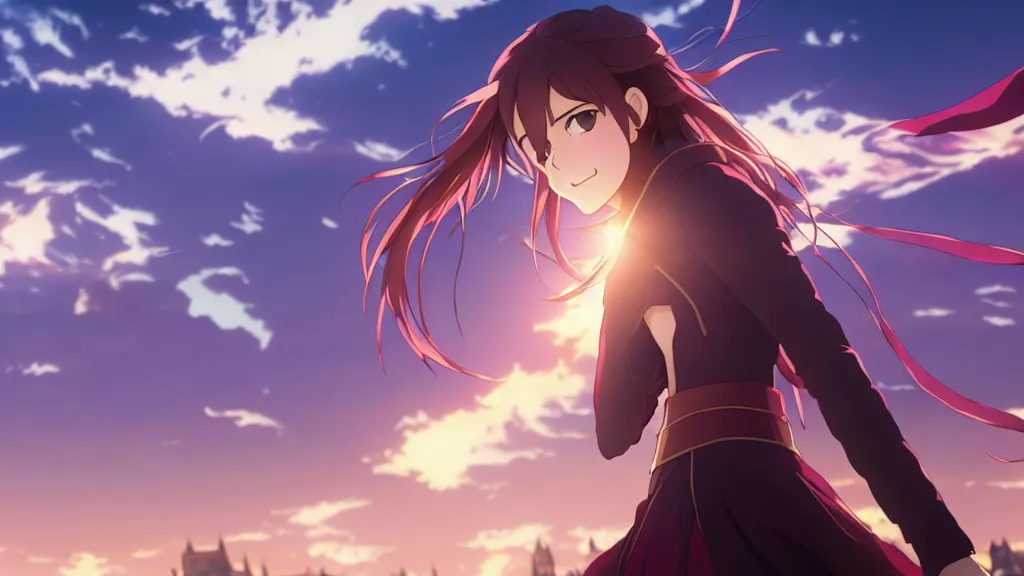 Image similar to emma watson in heavens feel movie, demon slayer, ufotable, kyoani, high quality, artstation, greg rutkowski, cinematic, city background, night time, rooftop, fate stay night, unlimited blade works, greg rutkowski, high resolution, dynamic pose, close up, street clothes, action, anime, high angle, sakuga