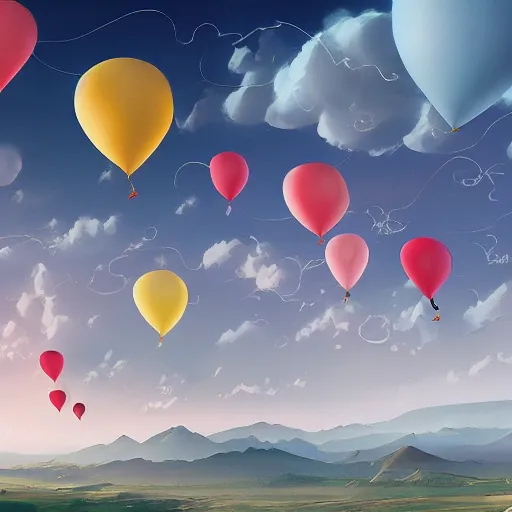 Prompt: digital art of plenty of birthday balloons floating above a beautiful countryside. artstation cgsociety masterpiece