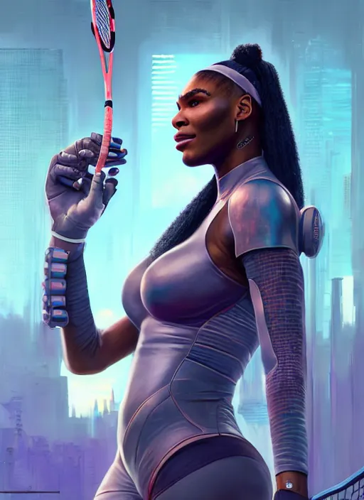 Image similar to highly detailed portrait of cyberpunk serena williams in sci - fi tennis armor, unreal engine, fantasy art by greg rutkowski, loish, rhads, ferdinand knab, makoto shinkai and lois van baarle, ilya kuvshinov, rossdraws, tom bagshaw, global illumination, radiant light, detailed and intricate environment