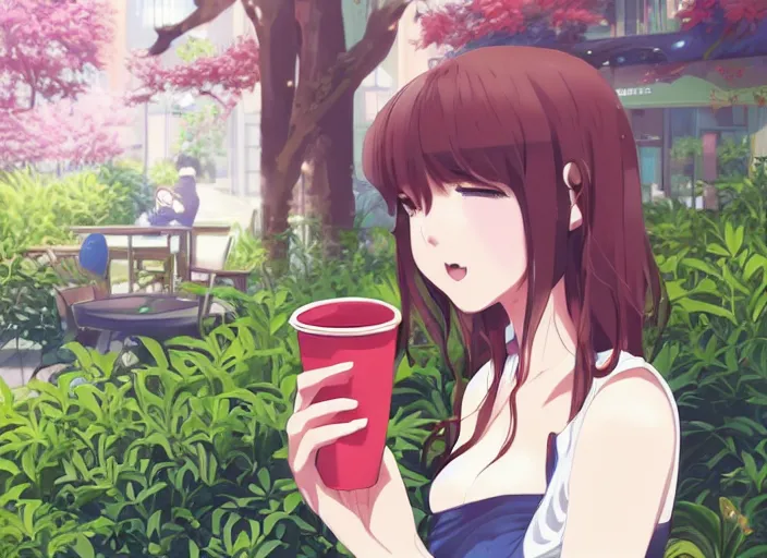 Image similar to a cute young anime woman drinking coffee at a outdoor cafe, lush overgrowth, ivy, foliage, flowers, cute face by ilya kuvshinov, makoto shinkai, kyoani, masakazu katsura, dynamic pose, gelbooru, danboor, rounded eyes, anime poster, cel shaded, detailed facial features
