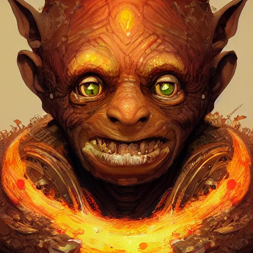 Prompt: a detailed portrait of a goblin pyromancer, by victo ngai and justin gerard, digital art, realistic painting, very detailed, fantasy, dnd, character design, trending on artstation
