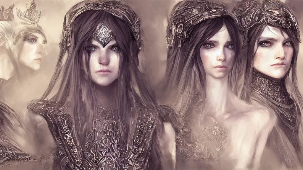 Image similar to concept art sheet, photorealistic symmetrical beautiful young female priestess with shiny hair wearing full intricate clothing, intricate, cg society, Elden Ring, darksouls, bloodborne