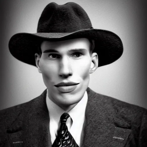 Image similar to A photograph portrait of Jerma985 wearing a suit with and fedora in the 1940s, taken in the early 1940s, grainy, taken on a 940s Kodak Camera, realistic, hyperrealistic, very realistic, highly detailed, very detailed, extremely detailed, detailed, digital art, trending on artstation