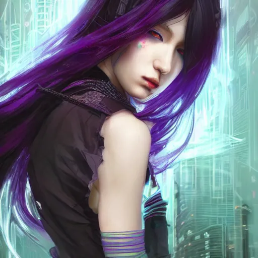 Image similar to a beautiful portrait of hatsune miku with long black and deep red colored hair and one purple colored cyberpunk eye, dressed a netrunner from shadowrun, intricate, elegant, highly detailed, digital painting, artstation, concept art, matte, sharp focus, illustration, art by greg rutkowski and alphonse mucha