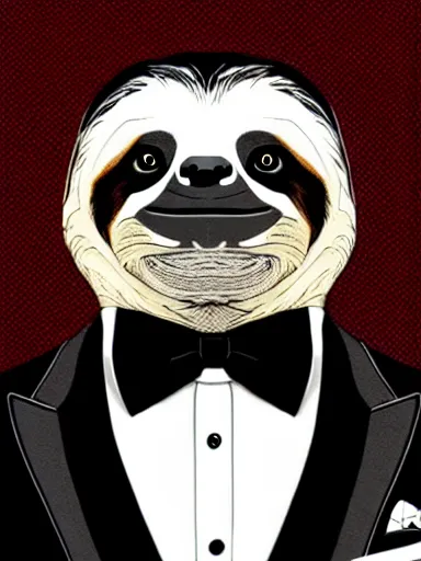 Prompt: a sloth wearing a tuxedo : : by frank miller, artgerm, todd mcfarlane : : gq, debonair, stylish, impeccable, photorealism, graphic novel, digital illustration, digital art
