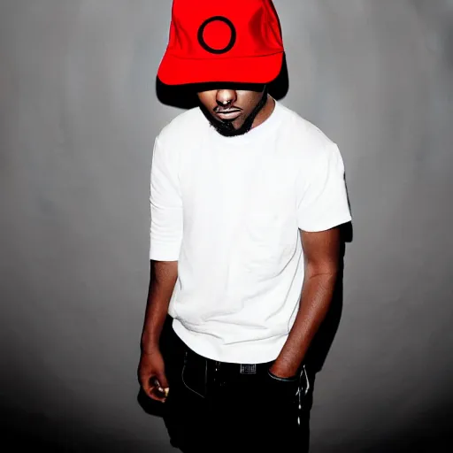 Prompt: kendrick lamar wearing mario hat, red hat with white circle and red m, studio lighting