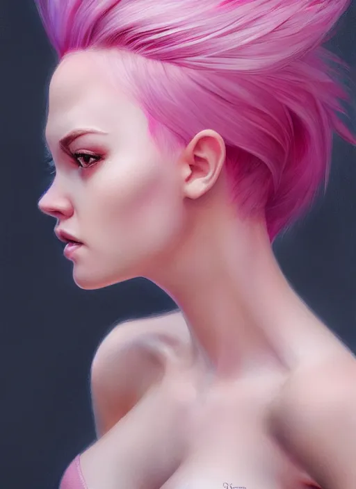 Prompt: photo of a gorgeous young woman with pink hair, in the style of stefan kostic, realistic, sharp focus, 8k high definition, insanely detailed, intricate, elegant, art by stanley lau and artgerm