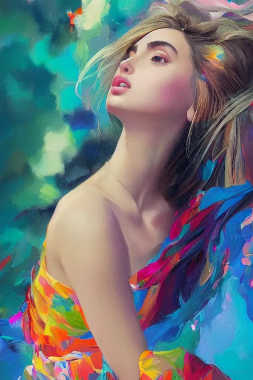 Image similar to a ultra detailed beautiful painting of ana de armas, wearing a colorful flowing dress, high angle shot, oil painting, by ilya kuvshinov, greg rutkowski and makoto shinkai