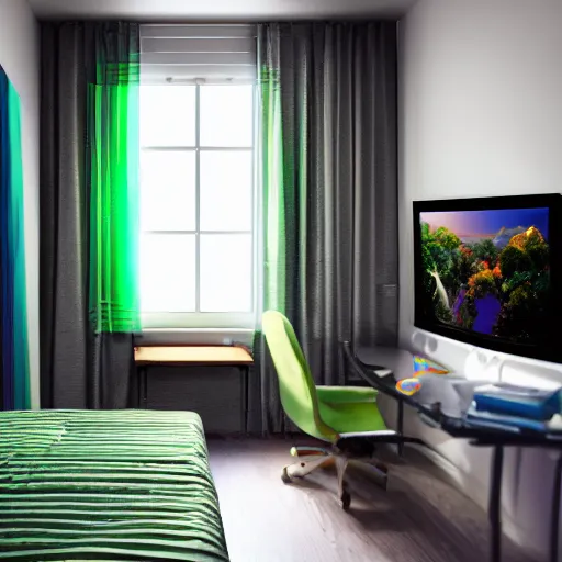 Image similar to small room in tokyo, window open, dawn, computer, green glow on monitor's face, walls anime posters, lots of appliances, small bed not made, hyper realism, photo realism, hyper details, soft light, soft shadows, oil painted, blurred photo