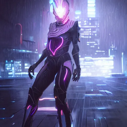 Image similar to photo of tenno from warframe in the style of stefan kostic, realistic, cyberpunk, neon, nighttime, rain storm, body shot, sharp focus, 8 k high definition, insanely detailed, intricate, elegant, art by stanley lau and artgerm, floating embers