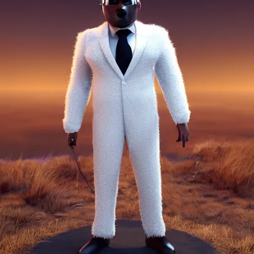 Prompt: beautiful 3D rendered fictional black character, his head is made of fluffy clouds, wearing white suit, realistic, 8k, 4k, unreal engine, by Antoni Tudisco, artstation