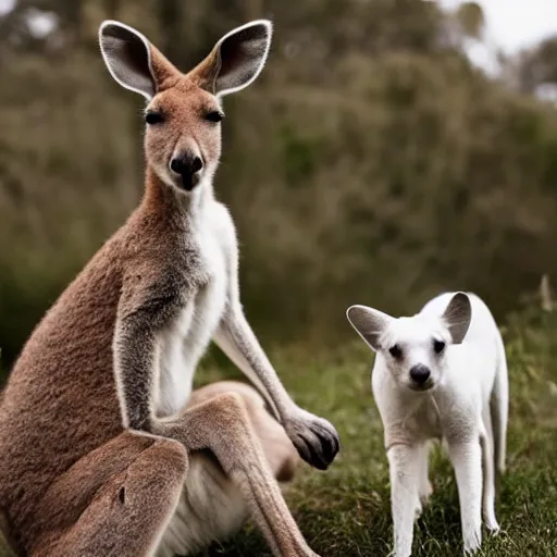 Image similar to a kangaroo and a very cute white rural dog photograph, high quality, award winning, National Geographic