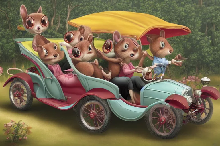 Prompt: highly detailed matte painting of a happy squirrels riding in a convertible car, by mark ryden, lowbrow, 8 k resolution.