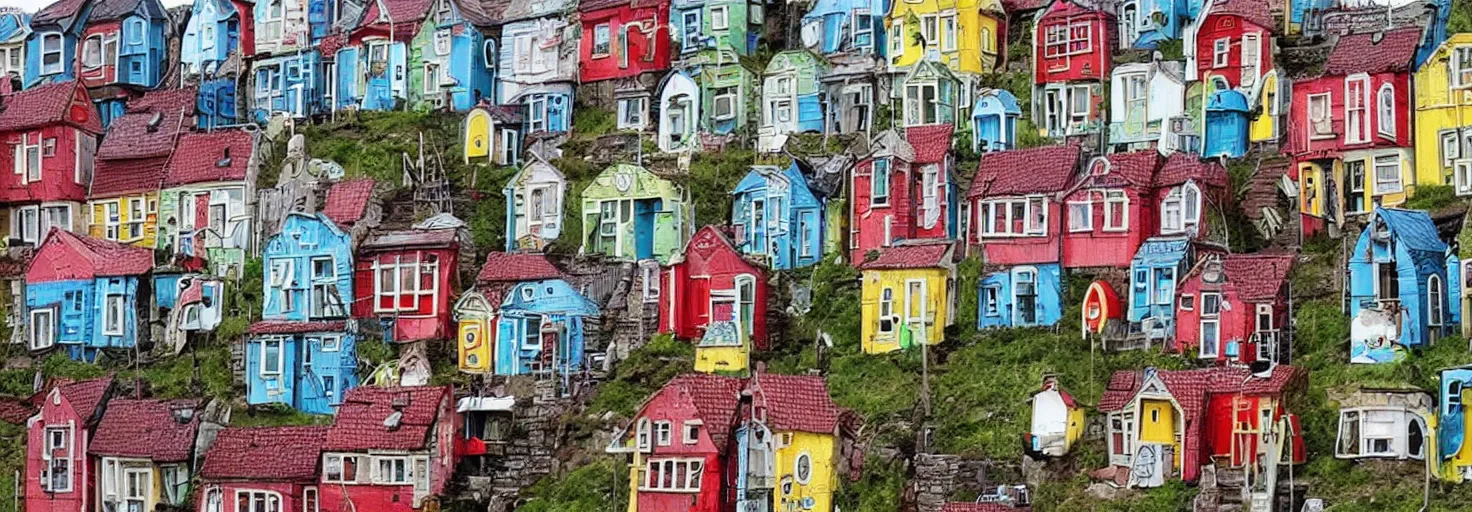 Prompt: quirky surreal naive terraced houses designed by alexander jansson, bright colors