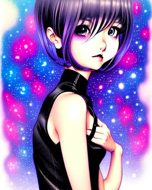 Prompt: portrait of an attractively cute young woman with amazingly dyed medium length hair wearing a short tight black dress think about the galaxy, art by Range Murata and Artgerm.