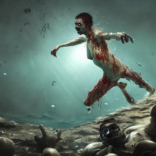 Image similar to highly detailed full body portrait of a zombie swimming underwater in a zombie - apocalypse, in a swimming pool, by greg rutkowski, octane render