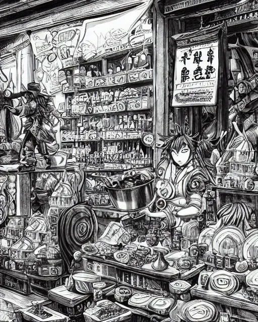 Image similar to A merchant selling treasuries and potions, high detailed store, black and white, fantasy art, in the style of masami kurumada, illustration, epic, fantasy, intricate, hyper detailed, artstation, concept art, smooth, sharp focus, ray tracing