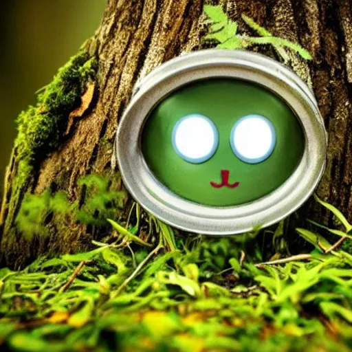 Prompt: A tiny, tin robot, in a green forest holding a leaf over his head to shield him from the wet rain. dew drops. cinematic lighting, cute.