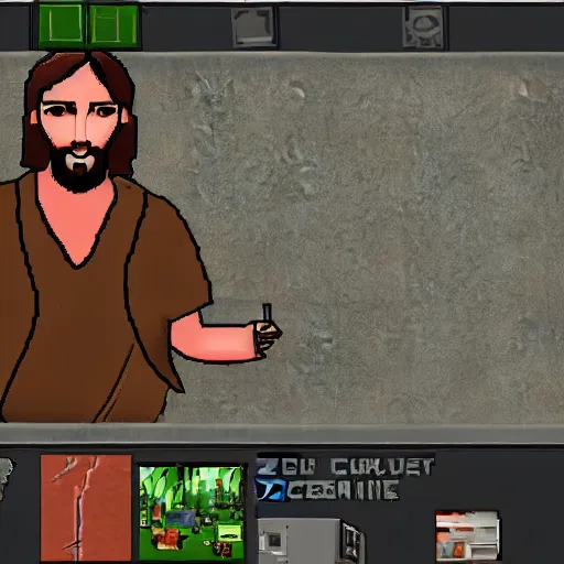 Image similar to jesus as a character in project zomboid, in - game screenshot