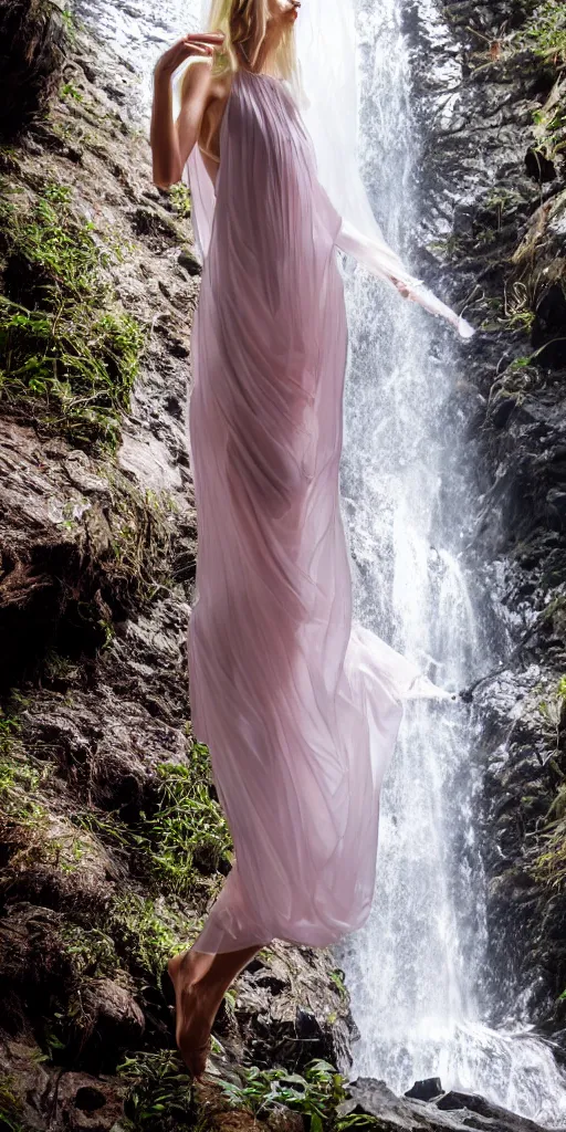 Prompt: a model wearing a translucent dress under a waterfall, natural lighting, by martine johanna