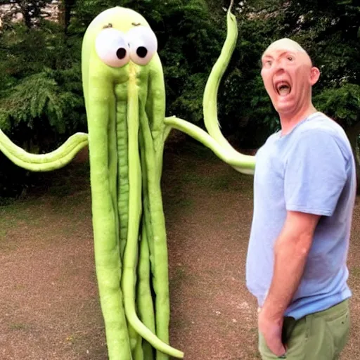 Image similar to a giant string bean with the face of mister bean