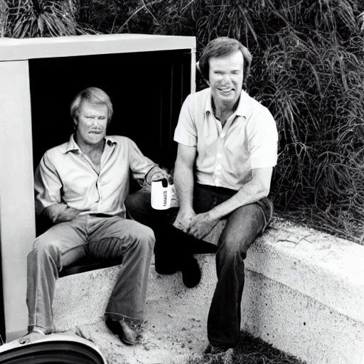 Image similar to kevin tighe with randy mantooth, sitting by a dumpster drinking beer, empty bottles