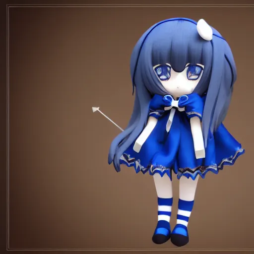 Prompt: cute fumo plush of a gothic maiden in a blue and black uniform, laces and ribbons, soft shadow, anime girl, vray, white frame