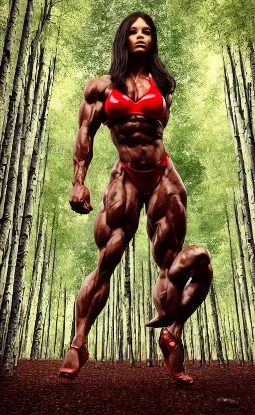 Image similar to photo of superbodybuilder woman posing standing with back in birch forest in jeff koons hip hop bauhaus style, beautiful detailed face, ultra realistic, concept art, intricate details, serious, highly detailed, photorealistic, octane render, 8 k, unreal engine, natural light, art by todd mcfarlane