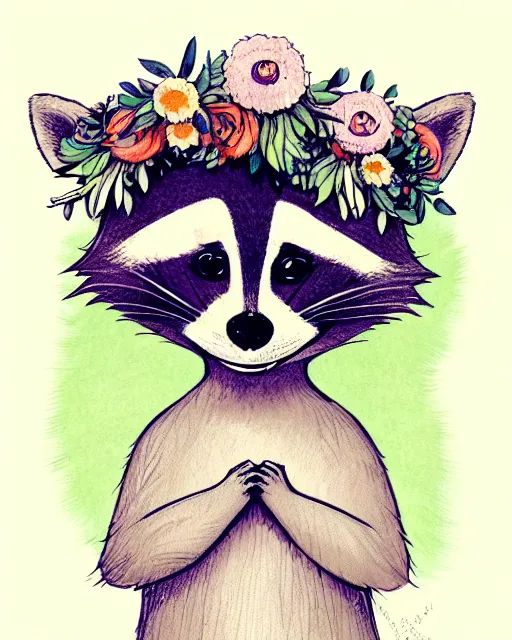 Image similar to a storybook illustration of a smiling happy cute raccoon wearing a flower crown, by antoine de saint - exupery and annabel kidston and naomi okubo and jean - baptiste monge. a child storybook illustration, muted colors, soft colors, low saturation, fine lines, white paper