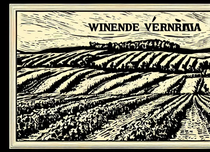 Image similar to wine label template, linocut vineyard landscape by greg rutkowski, fine details, highly detailed