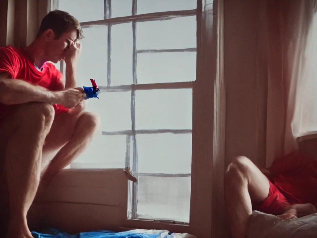 Image similar to single man sitting by the window, smoking a cigarette, blue shorts, red adidas shirt, bedroom, small fan, night, dimly lit, in the style of wes anderson, no double figure