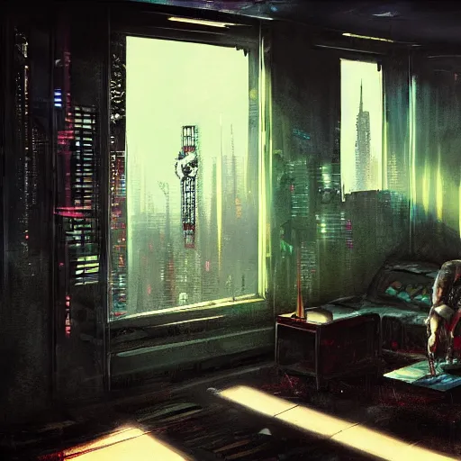 Image similar to cyberpunk living room interior, windows, light rays, buildings, dystoptian, gorgeous view, no person, depth, painted by Seb McKinnon, clouds, tending on artstation