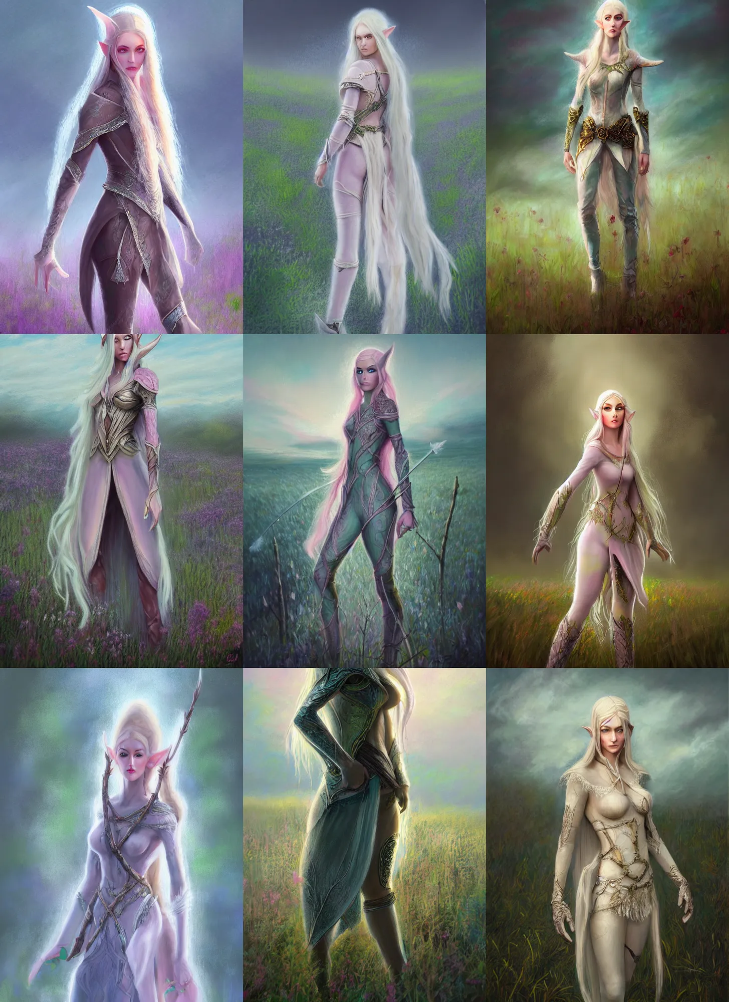 Prompt: a soft focus pastel canvas painting of beautiful full body concept art, beautiful face elven female rogue wearing full intricate clothing standing in a field, dystopian, soft lighting, micro detail