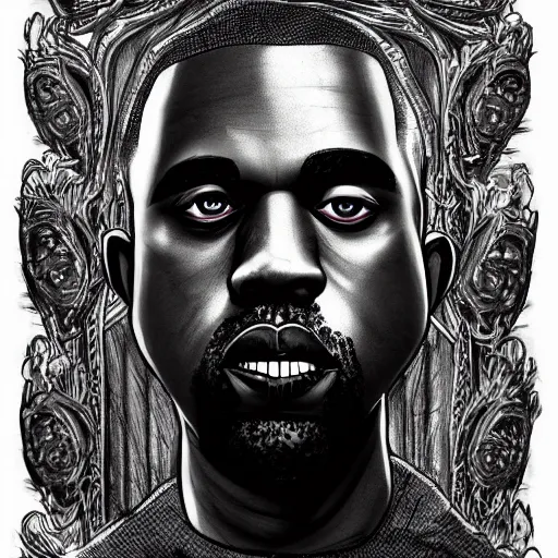 Prompt: michael karcz grunge drawing of kanye west. , in the style of corpse bride, loony toons style, horror themed, detailed, elegant, intricate, trending on artstation, 4k