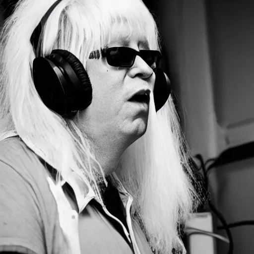 Image similar to obese Edgar Winter wearing a headset yelling at his monitor while playing WoW highly detailed wide angle lens 10:9 aspect ration award winning photography by David Lynch esoteric erasure head